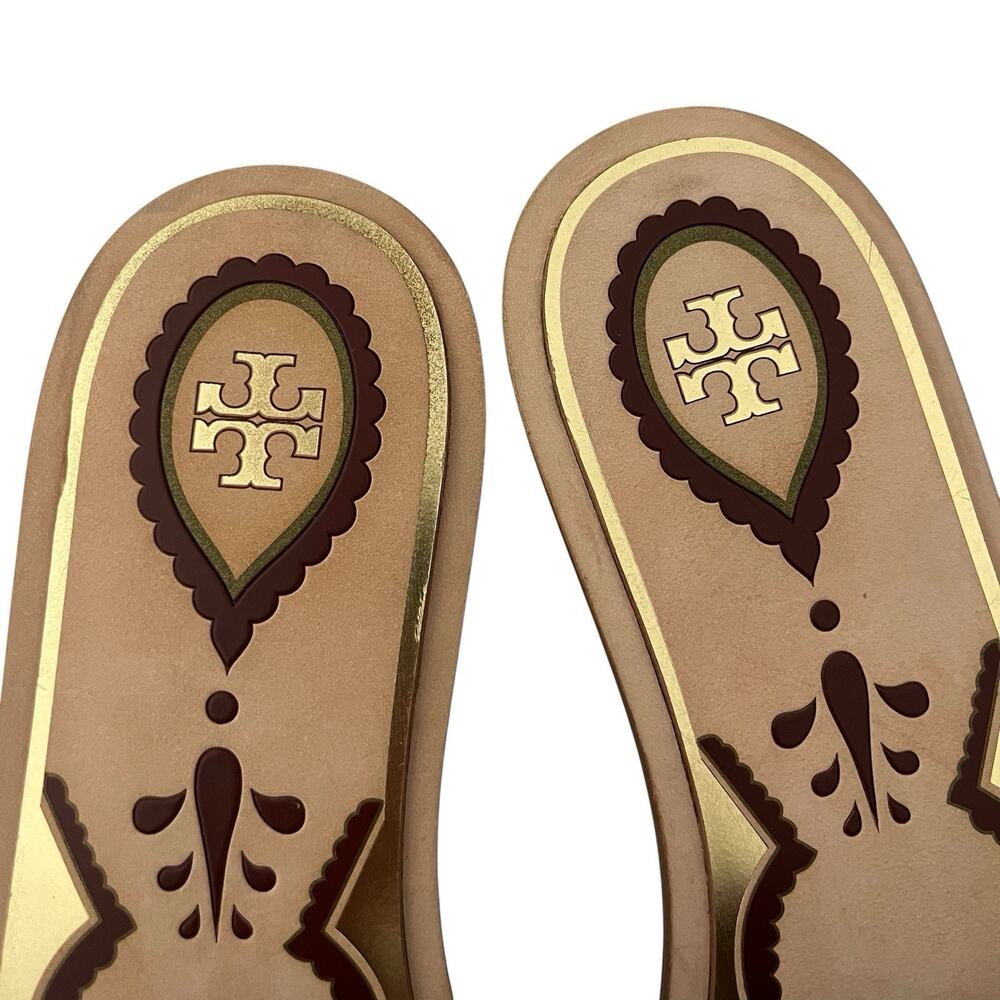 Tory Burch Annika Flat Sandals Tuscan Wine Size 7 Laser Cut Leather Slide Summer - Picture 3 of 9
